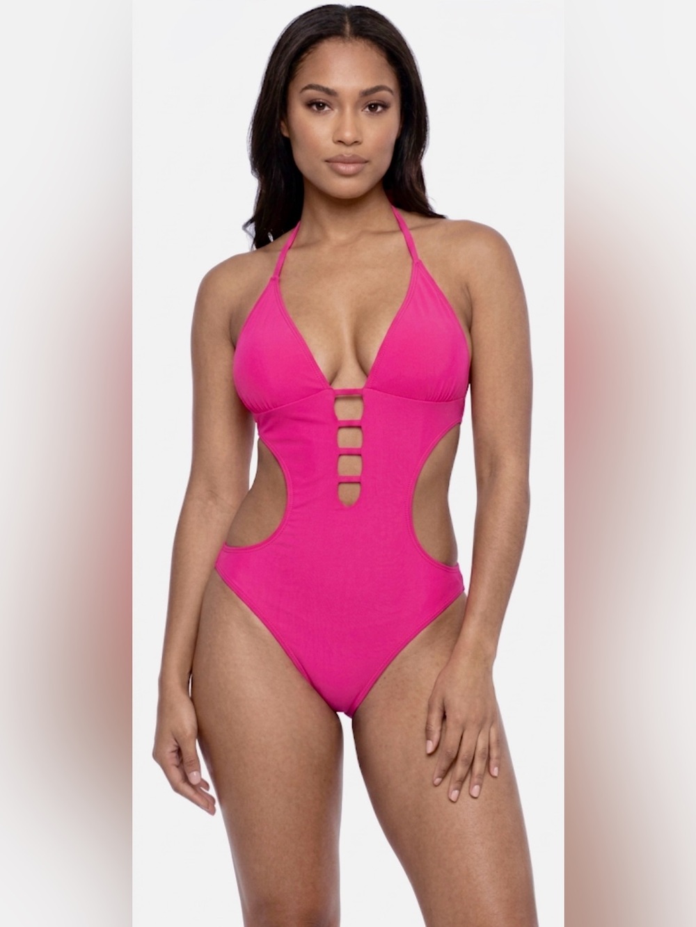 Neon Pink Y2K One-Piece Swimsuit with Side Cut-Outs - size Large